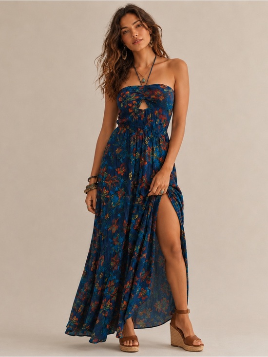 Free People Dresses & Skirts - Free People One Step Ahead Maxi Dress Blue Floral Boho Sleeveless Size Large L